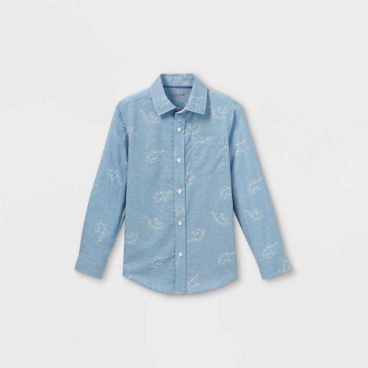 Boys' Woven Dino Print Long Sleeve Button-down Shirt - Cat & Jack Blue