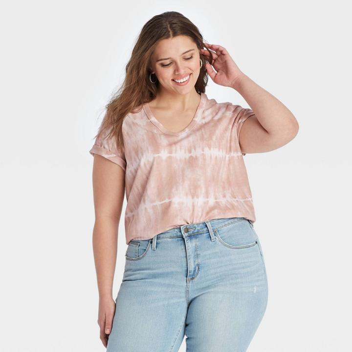Women's Plus Size Tie-dye Short Sleeve V-neck T-shirt - Universal Thread Brown/white