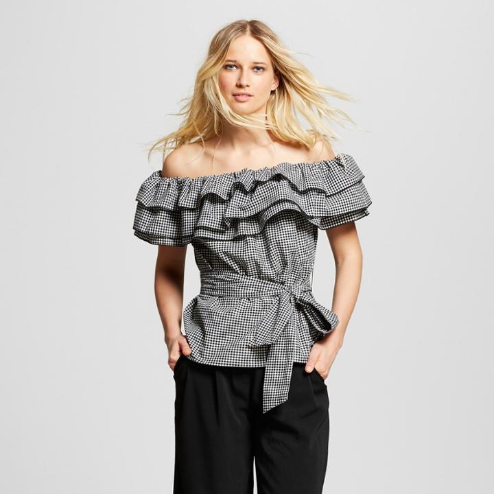 Women's Gingham Seersucker Ruffle Bardot Top - Who What Wear Black Xxl, Black Gingham