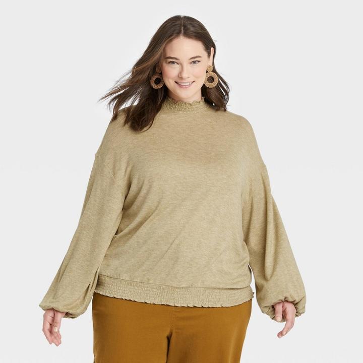 Women's Plus Size Long Sleeve High Neck Smocked T-shirt - A New Day