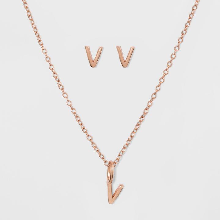 Sterling Silver Initial V Earrings And Necklace Set - A New Day Rose Gold, Girl's, Rose Gold - V