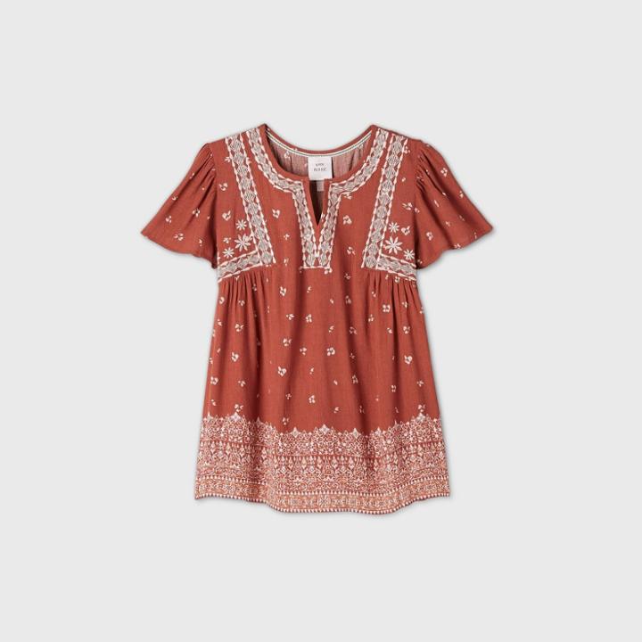 Women's Floral Print Short Sleeve Embroidered Top - Knox Rose Rust