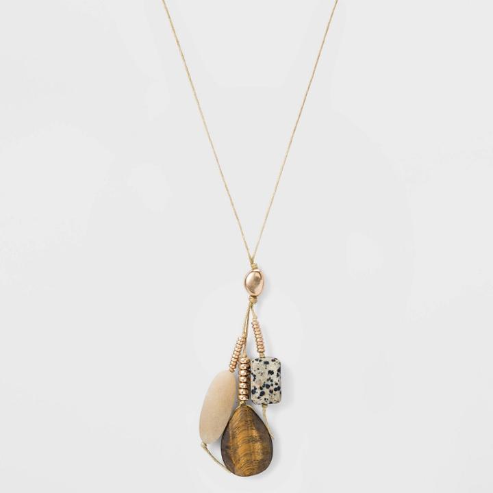 Adjustable Cord And Semi-precious Tiger Eye Honey And Dalmation Jasper Cluster Pendant Necklace - Universal Thread Brown, Women's