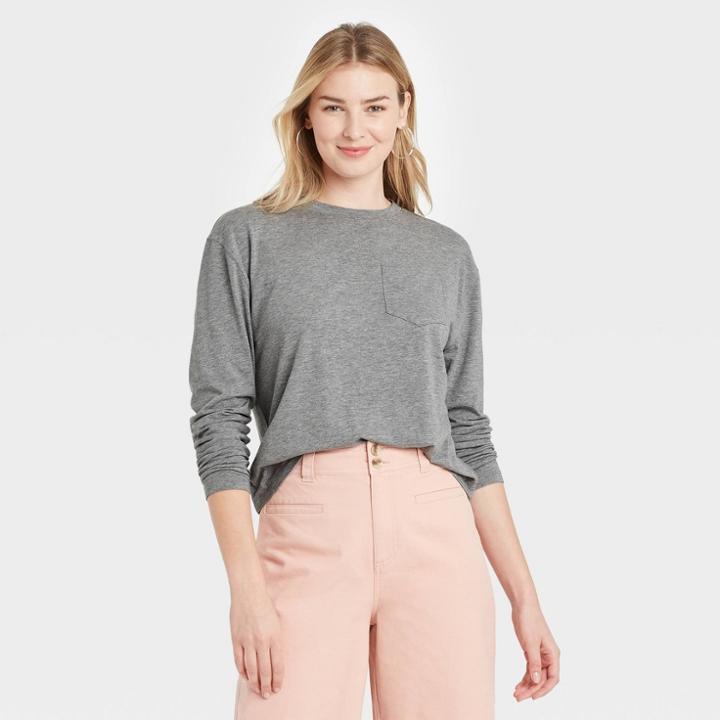 Women's Slim Fit Long Sleeve Round Neck Pocket T-shirt - A New Day Heather Gray