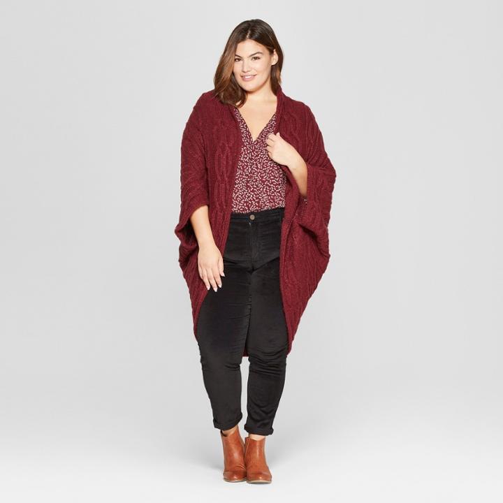 Women's Plus Size Long Sleeve Cocoon Open Layering - Universal Thread Burgundy (red)