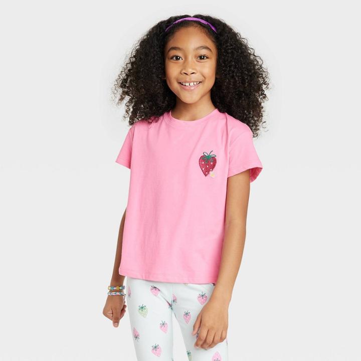 Girls' Embroidered Short Sleeve T-shirt - Cat & Jack Bright Pink