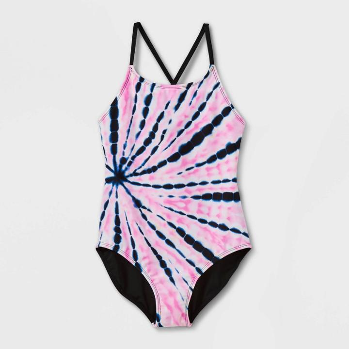 Girls' Tie-dye One Piece Swimsuit - Art Class Xs, Black/pink/white