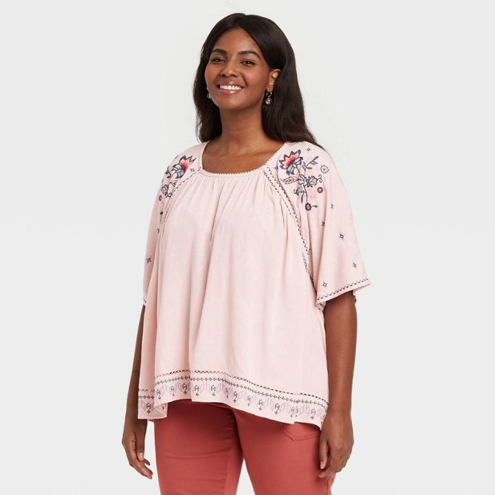 Women's Plus Size Floral Print Scoop Neck Short Sleeve Top - Knox Rose Pink