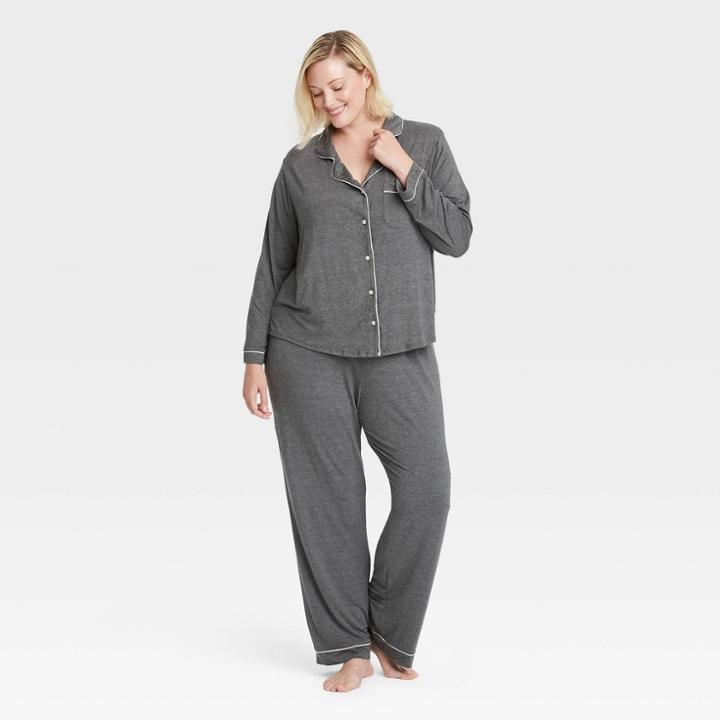 Women's Plus Size Beautifully Soft Long Sleeve Notch Collar Top And Pants Pajama Set - Stars Above Heathered Gray