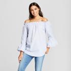 Women's Long Sleeve Off The Shoulder Ruffle Cuff Blouse - Alison Andrews White/blue