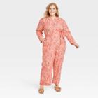 Women's Plus Size Long Sleeve Traveling Jumpsuit - Knox Rose Coral Pink Ikat