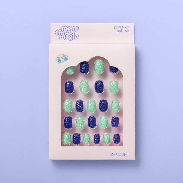 Press-on Nail Glitter Set - 24ct - More Than Magic Green/dark Blue,