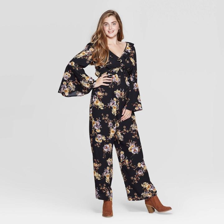 Women's Floral Print Long Bell Sleeve V-neck Ruffle Jumpsuit - Xhilaration Black