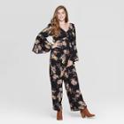 Women's Floral Print Long Bell Sleeve V-neck Ruffle Jumpsuit - Xhilaration Black
