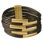 Zirconmania Zirconite Multi-strand Genuine Leather Cuff Bracelet With Tube Bars - Gold/brown