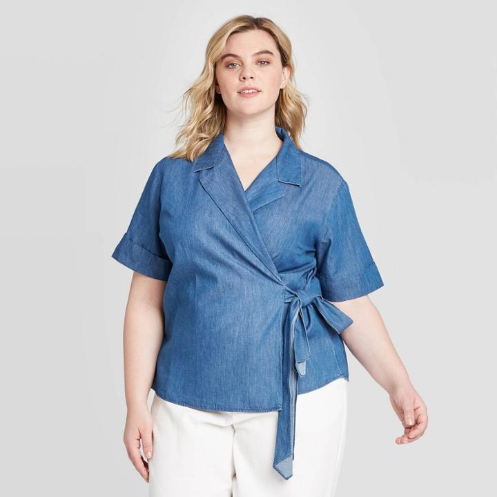 Women's Plus Size Short Sleeve Tie Front Blouse - Who What Wear Indigo 1x, Women's, Size: