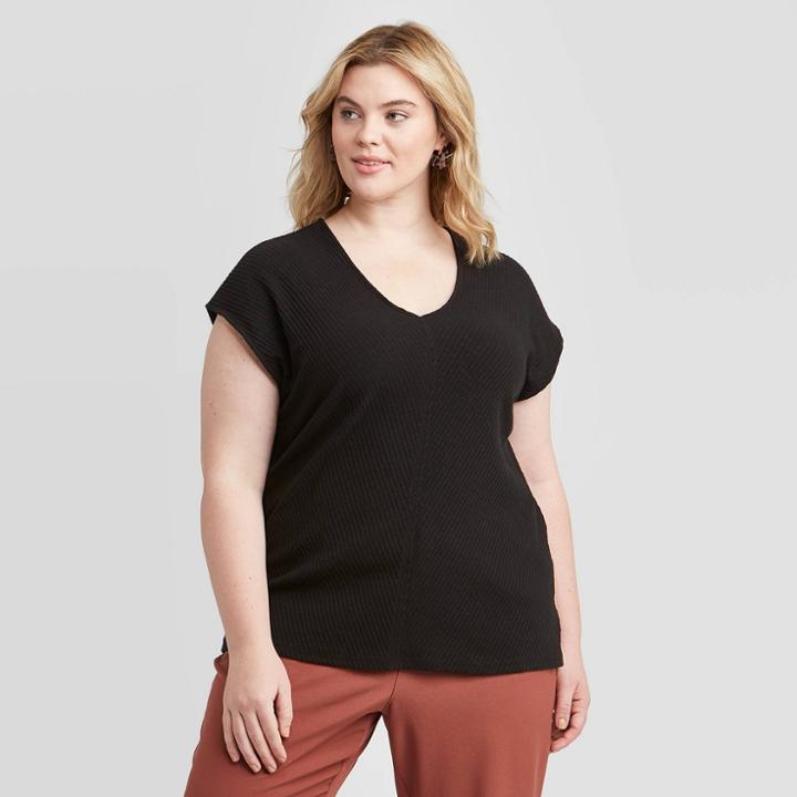 Women's Plus Size Short Sleeve V-neck Ribbed Top - Ava & Viv Black X, Women's