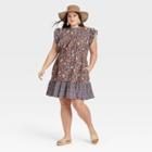 Women's Plus Size Floral Print Flutter Sleeveless Dress - Universal Thread Brown