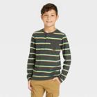 Boys' Heathered Jersey Knit Striped Henley T-shirt - Cat & Jack Charcoal Gray