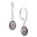 Tiara Dangling 6mm Black Pearl With Cubic Zirconia Side Stones In Sterling Silver, Women's,