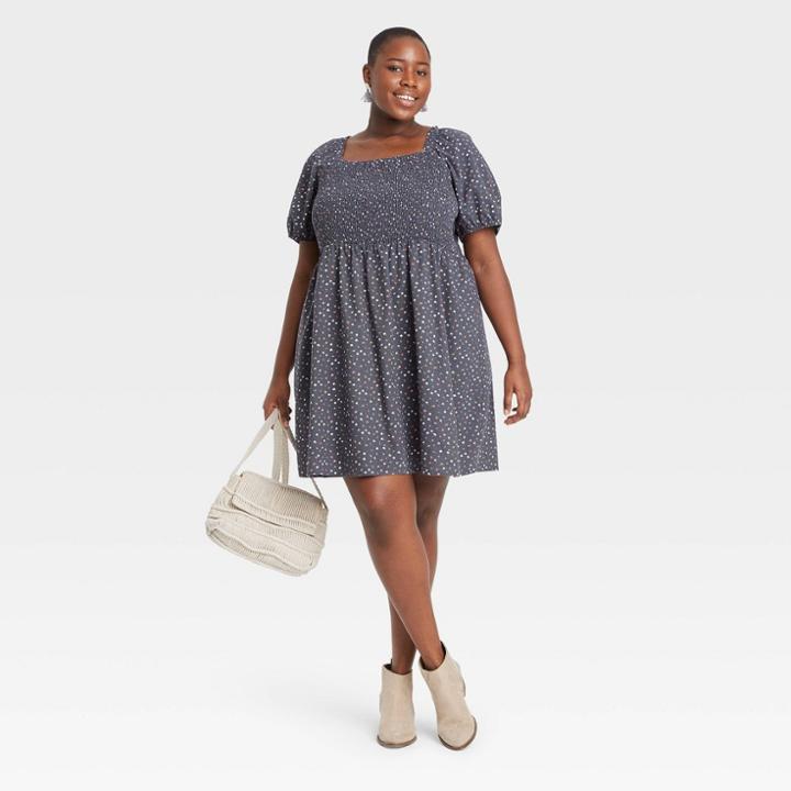 Women's Plus Size Floral Print Puff Elbow Sleeve Smocked Dress - Universal Thread Navy