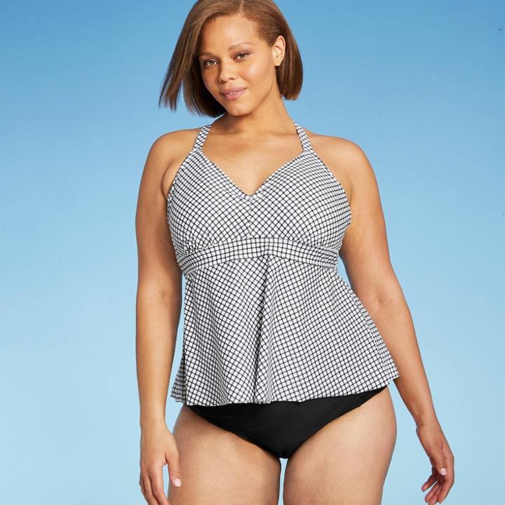 Kona Sol Women's Plus Size Plunge Criss Cross Peplum Tankini Top - Kona