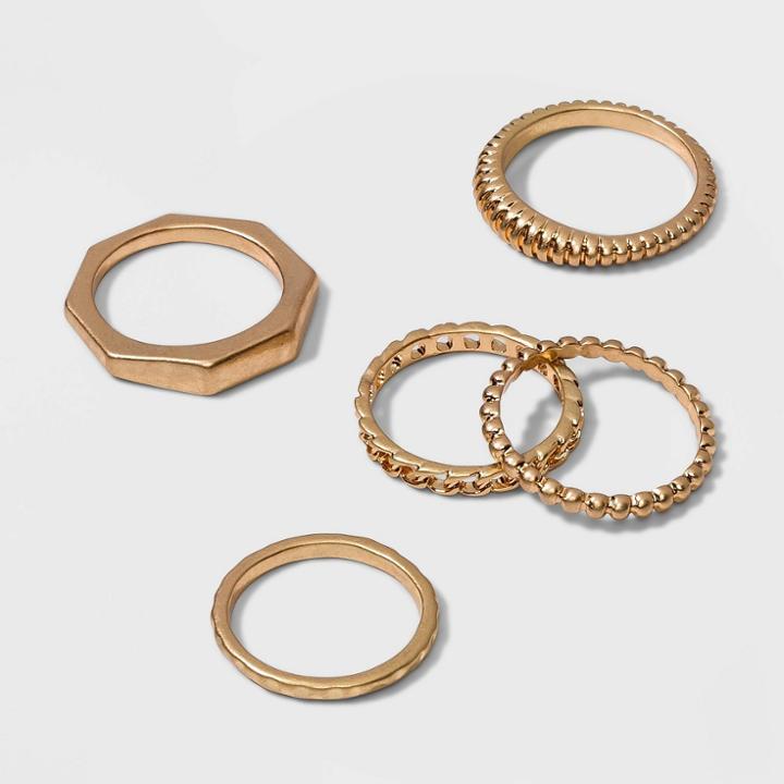 Chain Textured And Beaded Ring Set 5pc - Universal Thread Gold