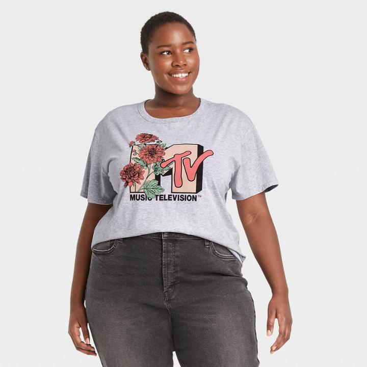 Women's Mtv Plus Size Floral Print Short Sleeve Graphic T-shirt - Gray