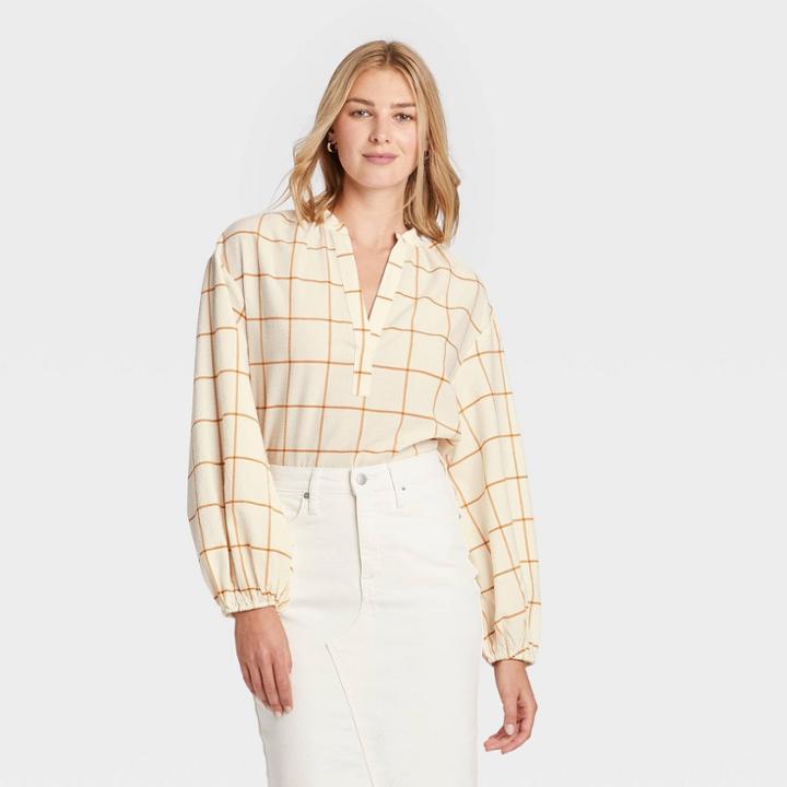 Women's Balloon Long Sleeve Popover Blouse - A New Day Rust Plaid