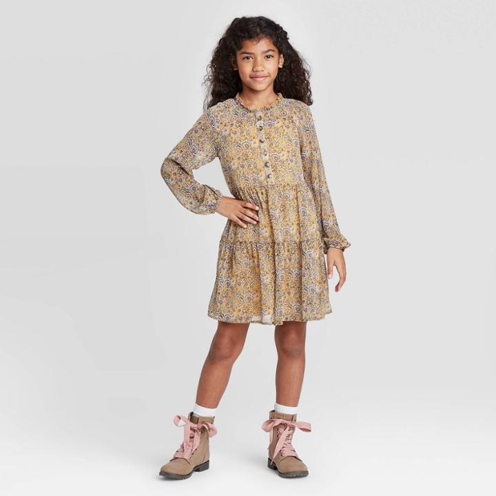 Girls' Long Sleeve Button-front Woven Tiered Dress - Art Class Yellow S, Girl's,