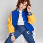 Women's Faux Leather Varsity Jacket - Wild Fable Blue Colorblock