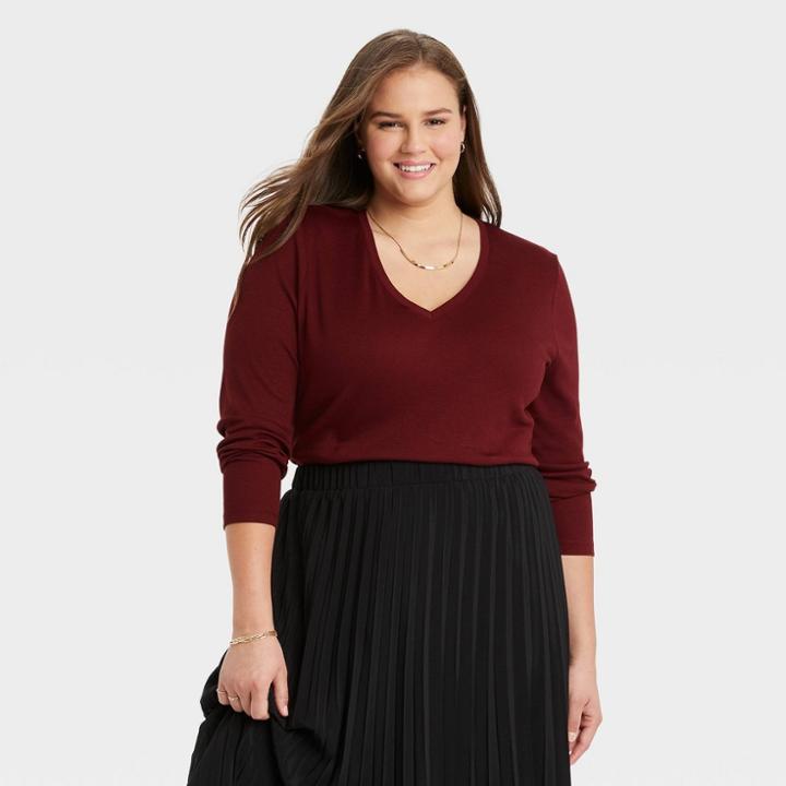 Women's Plus Size Long Sleeve V-neck Rib T-shirt - A New Day Burgundy