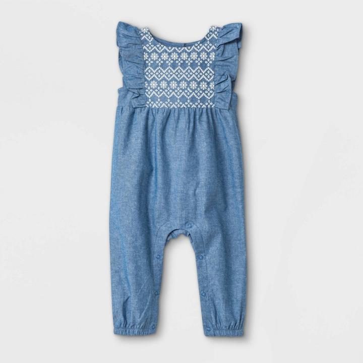 Baby Girls' Chambray Puff Print Romper - Cat & Jack Light Blue Newborn