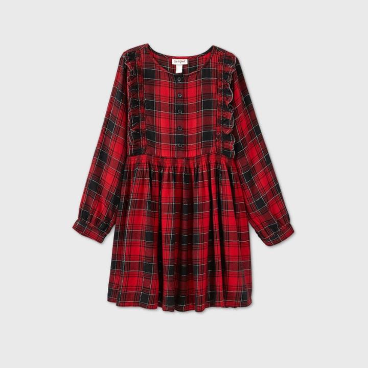 Girls' Plaid Shine Long Sleeve Woven Dress - Cat & Jack Red