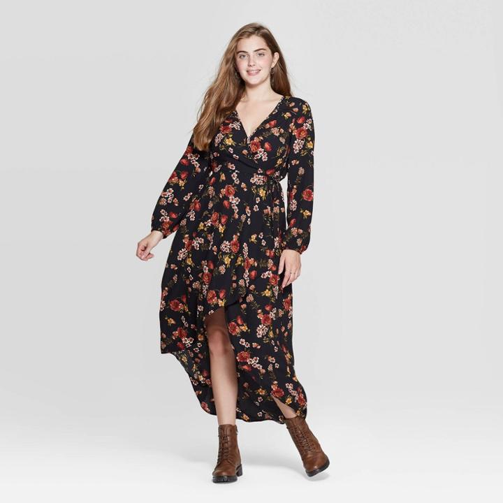 Women's Floral Print Long Sleeve Deep V-neck High Low Hem Wrap Midi Dress - Xhilaration Black
