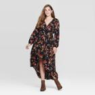 Women's Floral Print Long Sleeve Deep V-neck High Low Hem Wrap Midi Dress - Xhilaration Black