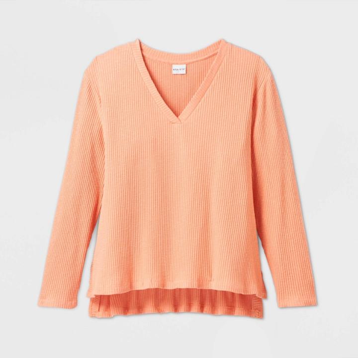 Women's Plus Size Long Sleeve V-neck Ribbed Pullover - Ava & Viv Coral X, Women's, Pink