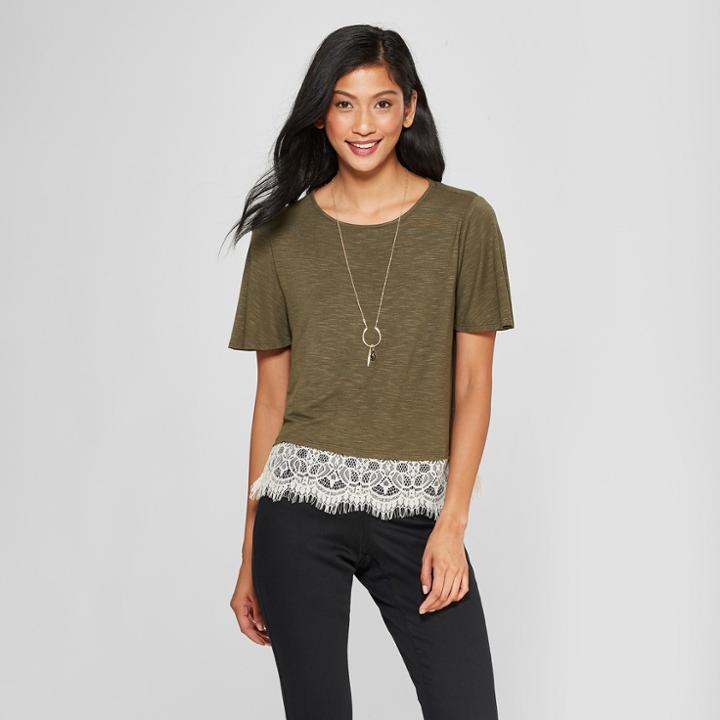 Women's Short Sleeve Lace Trim T-shirt - Xhilaration Olive (green)