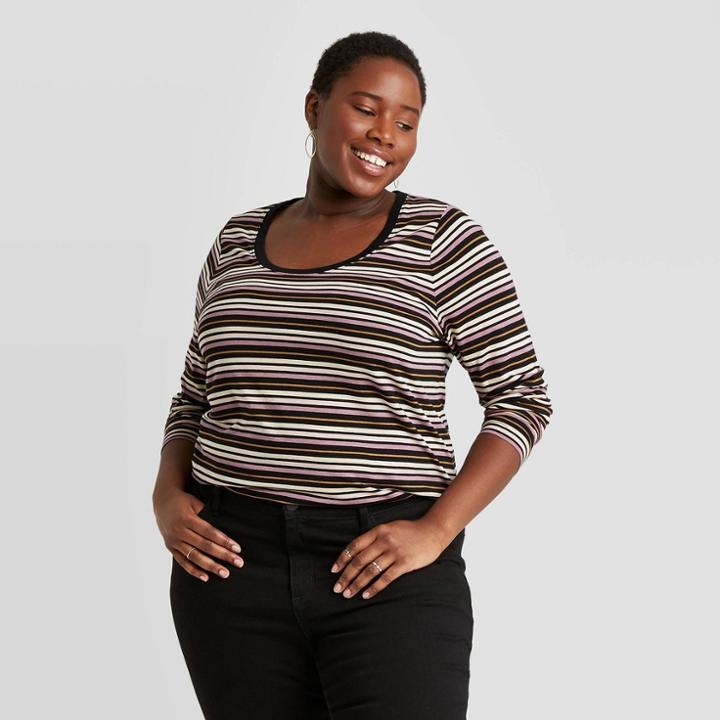 Women's Plus Size Striped Long Sleeve Scoop Neck Essential Shirt - Ava & Viv Gray