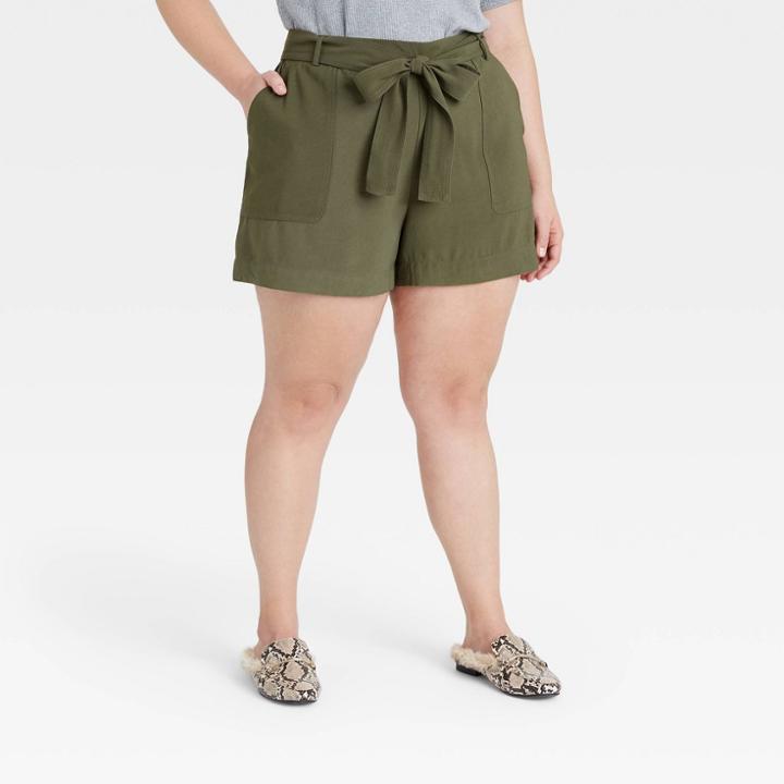 Women's Plus Size High-rise Tie Waist Shorts - A New Day Olive Green