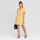 Petitewomen's Striped Short Sleeve V-neck Wrap Knit Mini Dress - Xhilaration Golden Spice