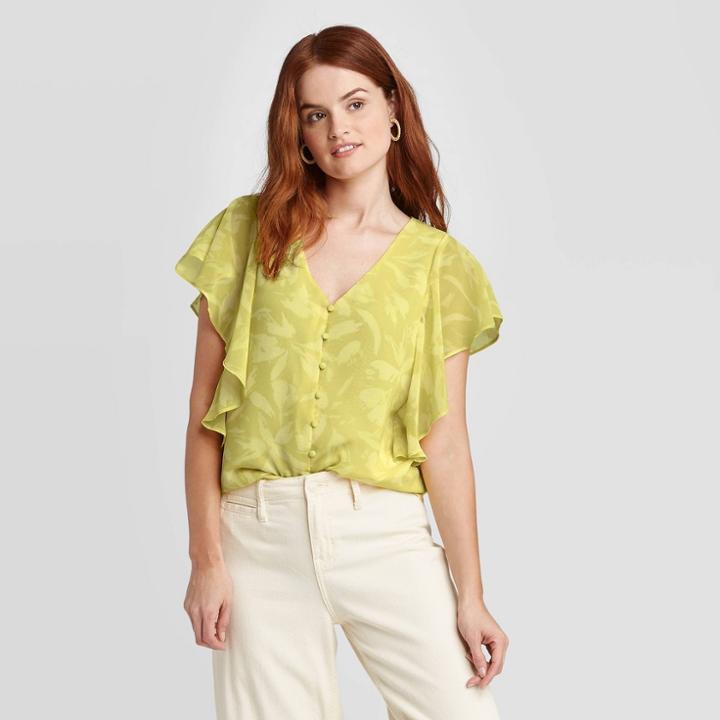 Women's Floral Print Flutter Short Sleeve Button-front Top - A New Day Green S, Women's,