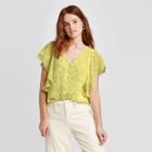 Women's Floral Print Flutter Short Sleeve Button-front Top - A New Day Green S, Women's,
