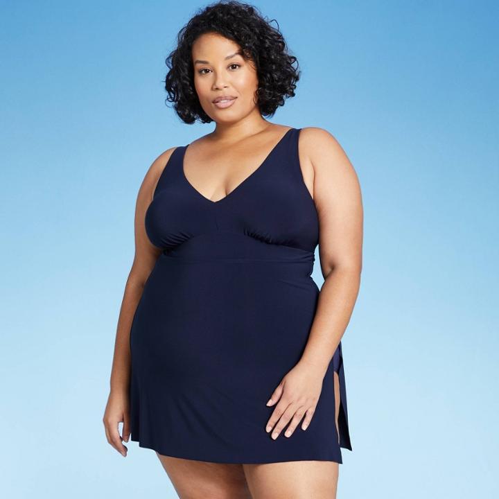Women's Plus Size Plunge Side Slit Swim Dress - Aqua Green Navy