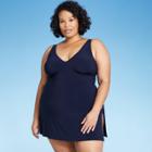 Women's Plus Size Plunge Side Slit Swim Dress - Aqua Green Navy