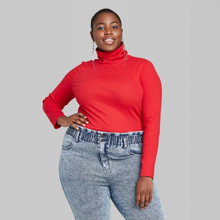 Women's Plus Size Long Sleeve Mock Turtleneck Ribbed T-shirt - Wild Fable Red 1x, Women's,