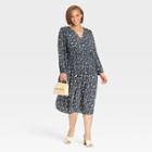 Women's Plus Size Long Sleeve Smocked Waist Dress - A New Day Navy Floral Print 1x, Blue Floral Print