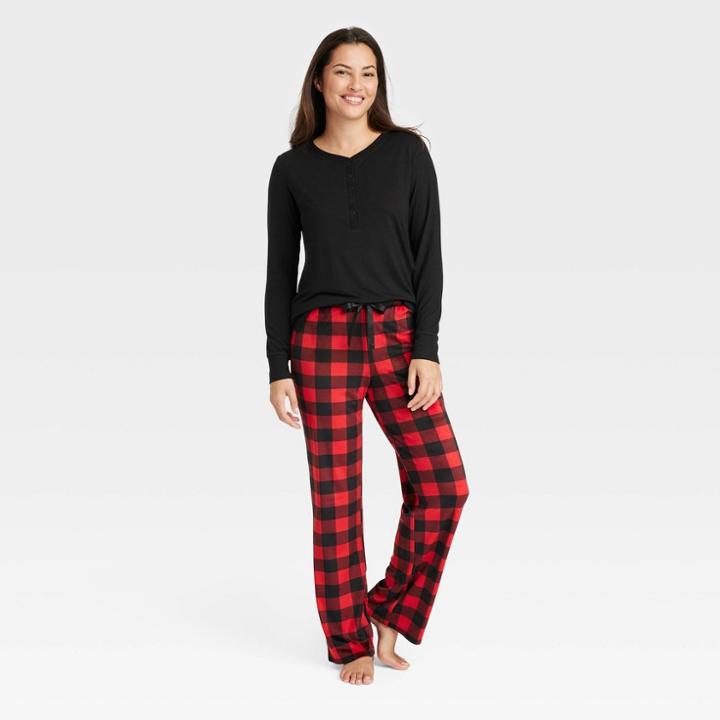 Women's Henley Top And Pants Pajama Set - Stars Above Dark Red