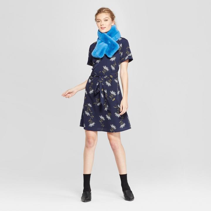 Women's Floral Print Short Sleeve Tie-waist Crepe Dress - A New Day Navy