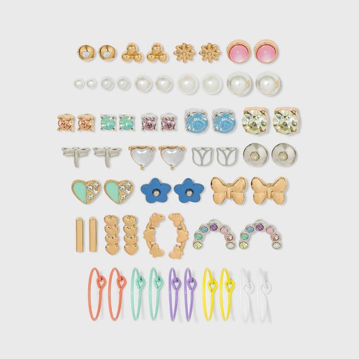 Butterfly And Flower Hoop And Stud Earring Set 30pc - Wild Fable , Gold/silver